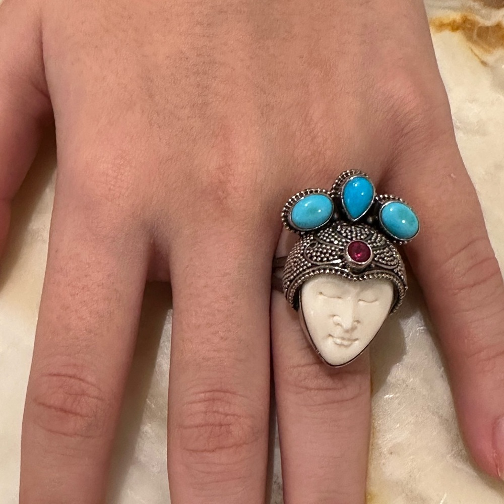 Artisan 925 sterling Silver Ring with Turquoise and Ruby real - Picture 7 of 9